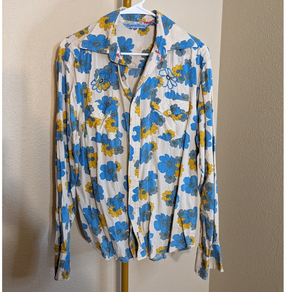 English Laundry Shirt Mens M Floral Embroidered Cotton Dobby Blue Yellow